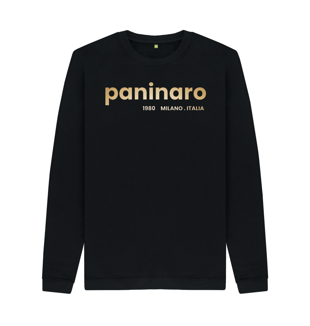 Man wearing Under the Scene Paninaro 1980 Milano Italia sweatshirt in black. The sweatshirt features a stylish design with the word 'Paninaro' and the year 1980, symbolizing classic Italian football casuals culture.