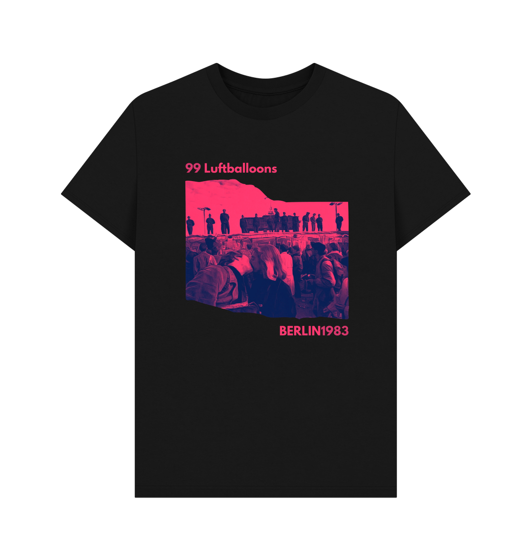 99 Luftballoons Berlin 1983 black t-shirt with bold graphic print, inspired by the 80s protest anthem.