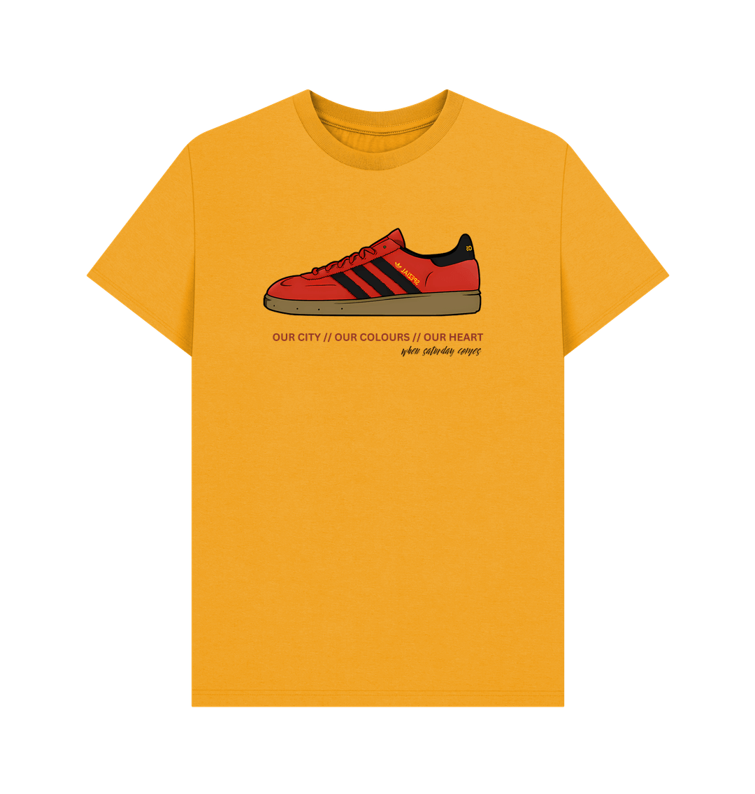 Our City Our Colours musta t-shirt featuring a vibrant graphic of classic trainers.d