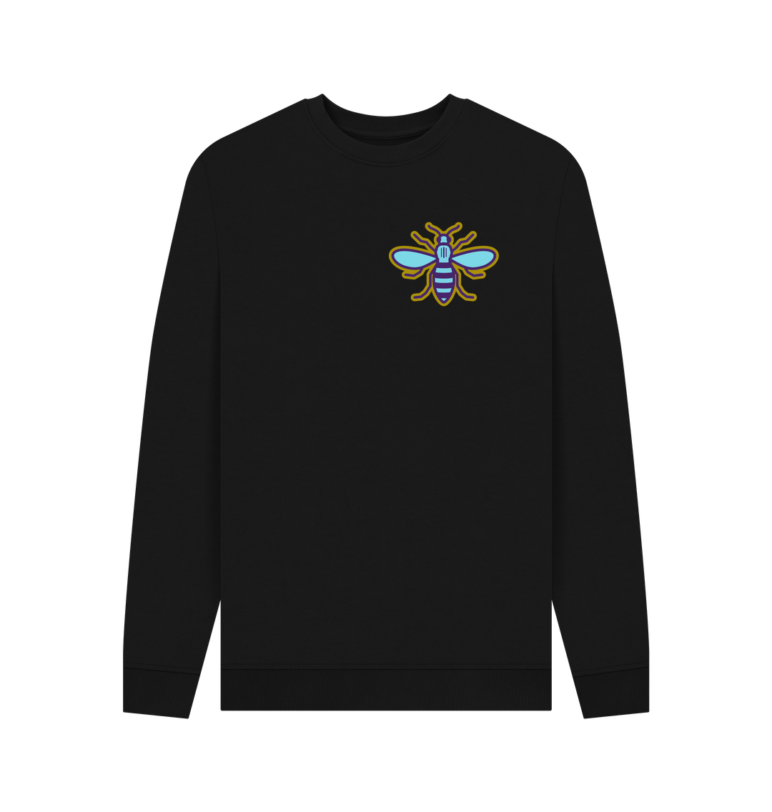 Manchester Bee black sweatshirt featuring the iconic worker bee symbol, representing Manchester pride.