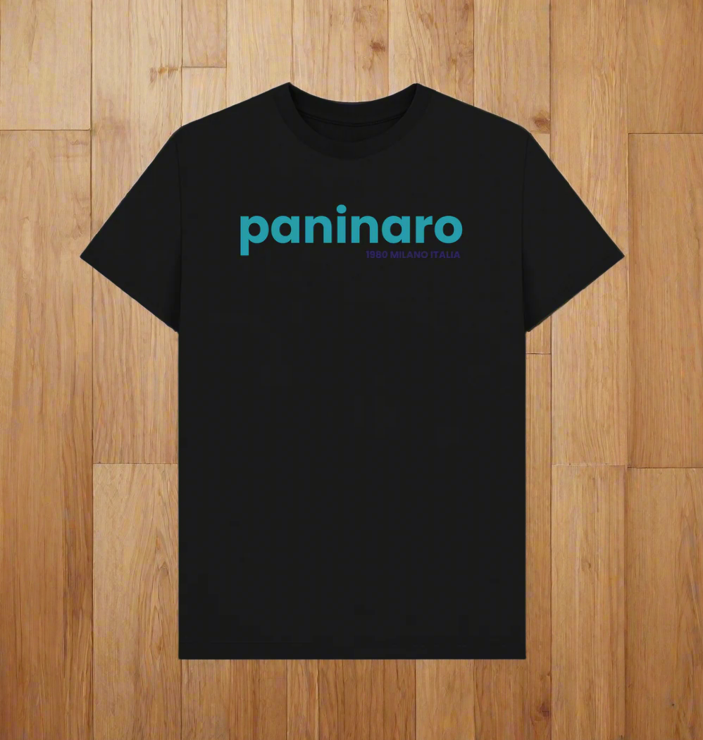 Black Paninaro 1980 Milano Italia t-shirt with bold blue logo, inspired by 80s Milan streetwear and football terrace culture.