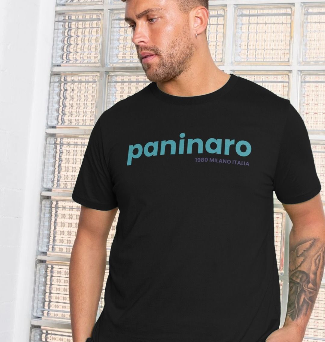 Black Paninaro 1980 Milano Italia t-shirt with bold blue logo, inspired by 80s Milan streetwear and football terrace culture.