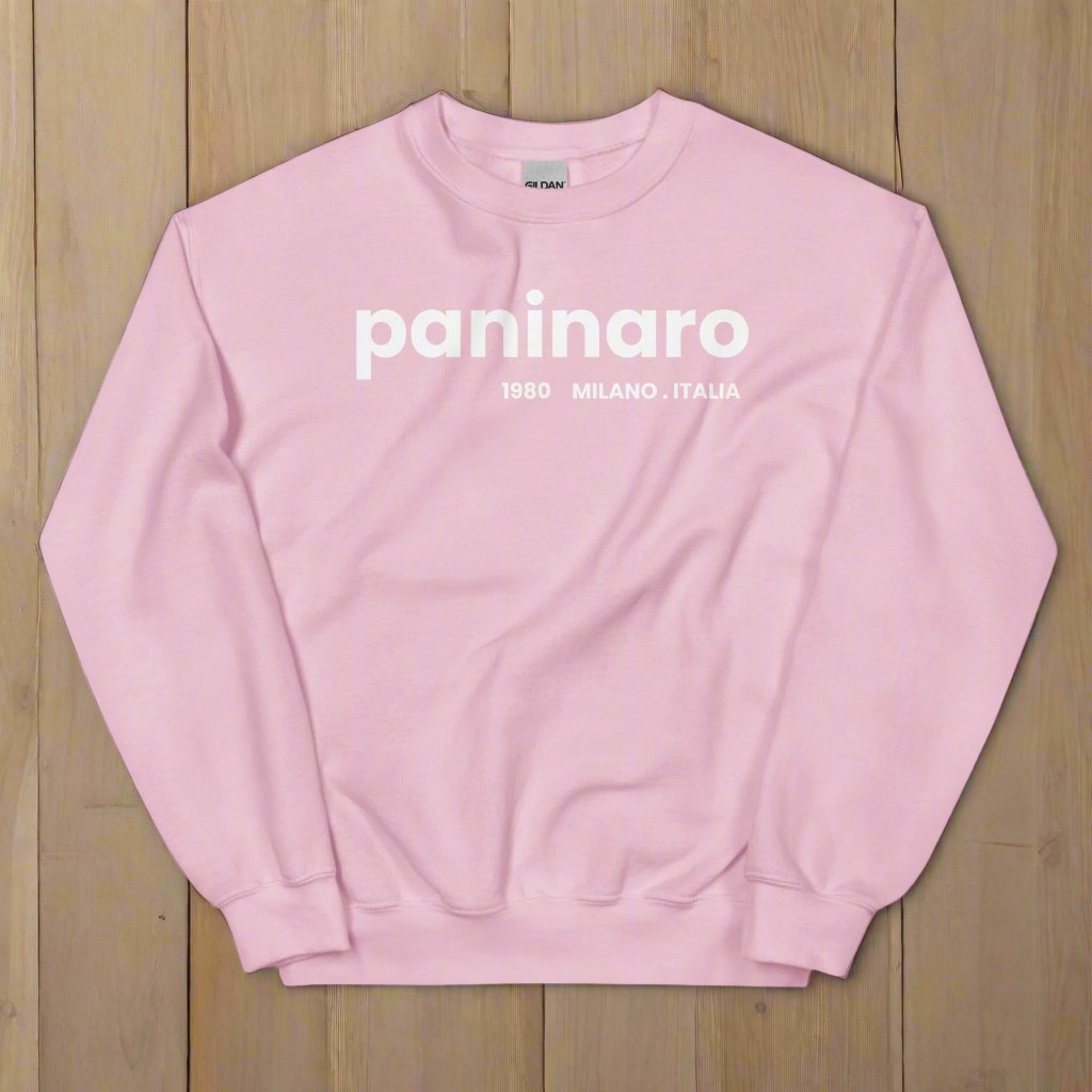 Paninaro 1980 Milano Italia light pink sweatshirt with bold white lettering, inspired by 80s Milan streetwear culture.