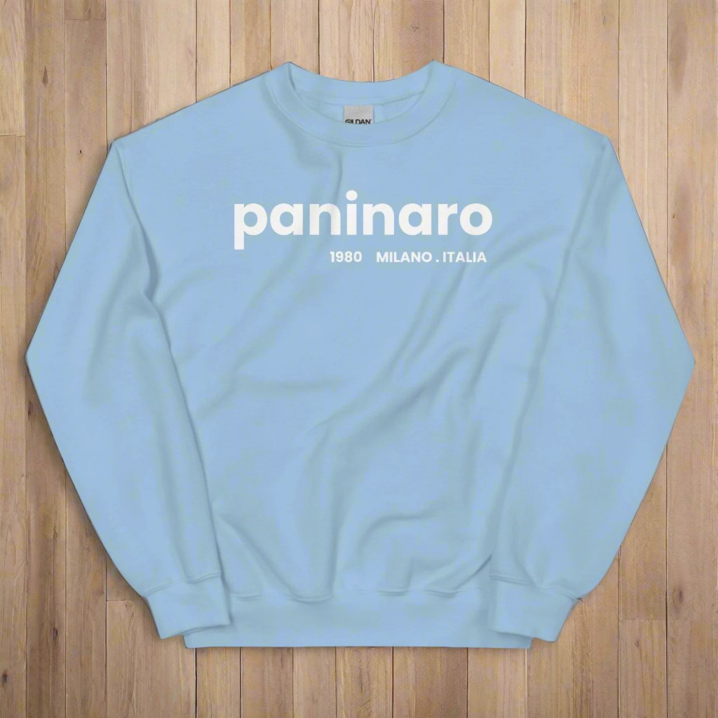 Paninaro 1980 Milano Italia light pink sweatshirt with bold white lettering, inspired by 80s Milan streetwear culture.