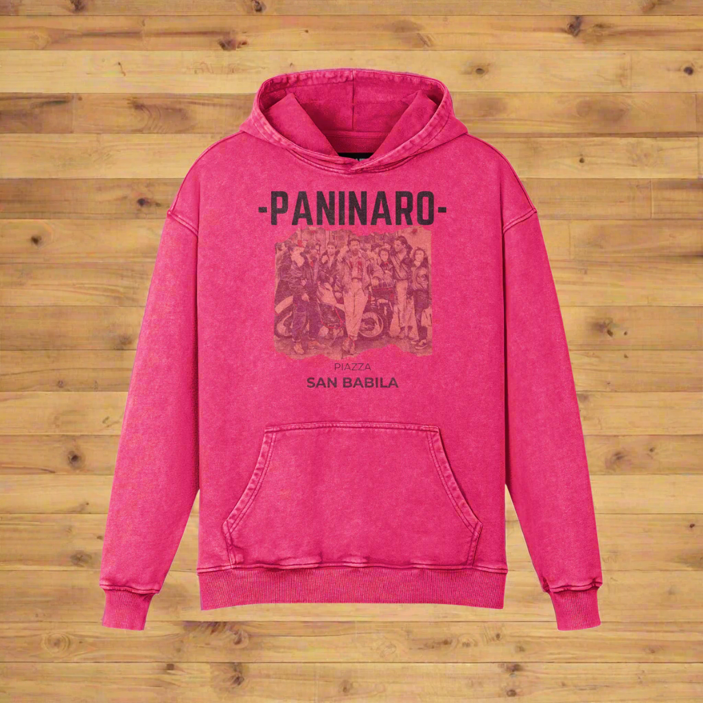 Piazza Paninaro Hoodie in vintage red with bold terrace culture-inspired design, available at Under the Scene