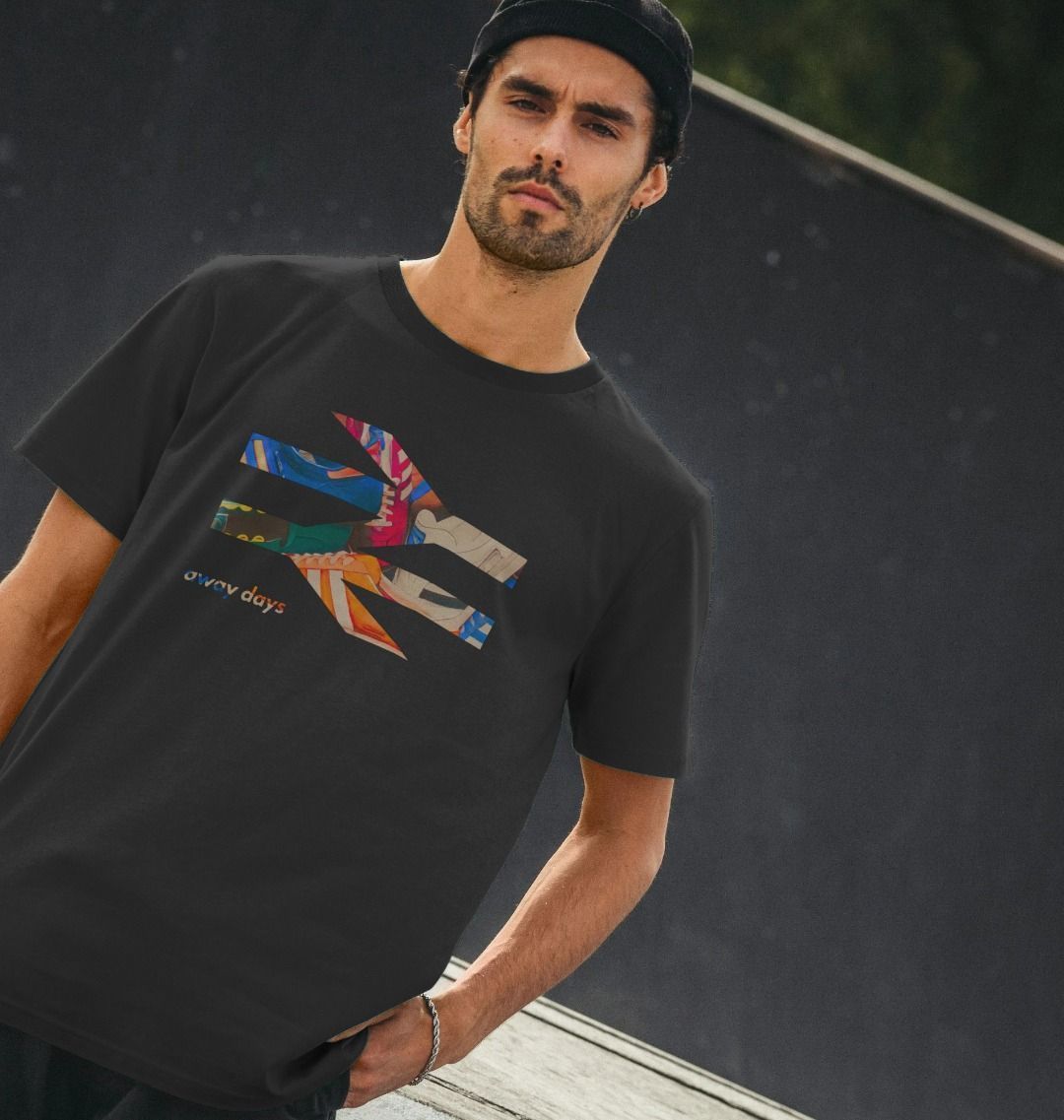 Terrace Awaydays black t-shirt with colorful trainers graphic, perfect for football fans at Under the Scene.