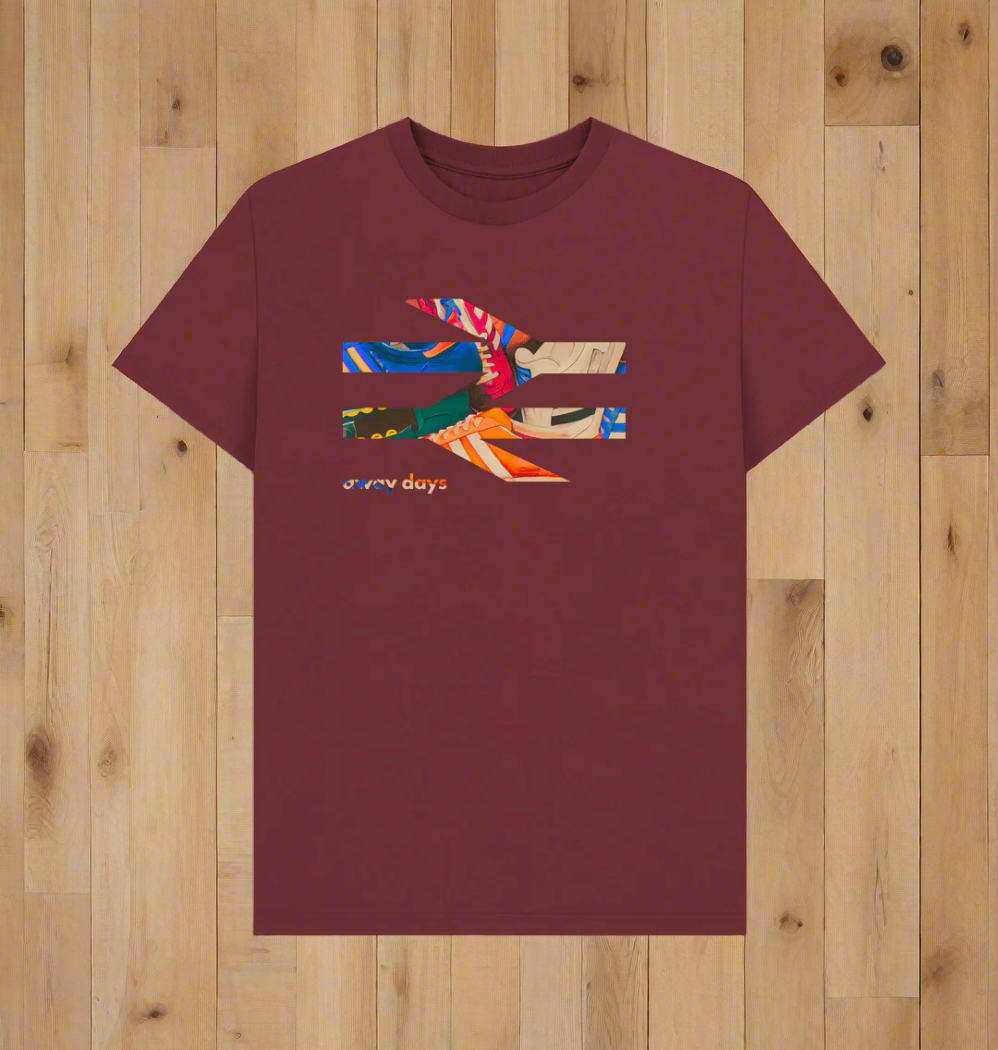 Terrace Awaydays burgundy t-shirt featuring colorful trainers design, perfect for casual and matchday wear.