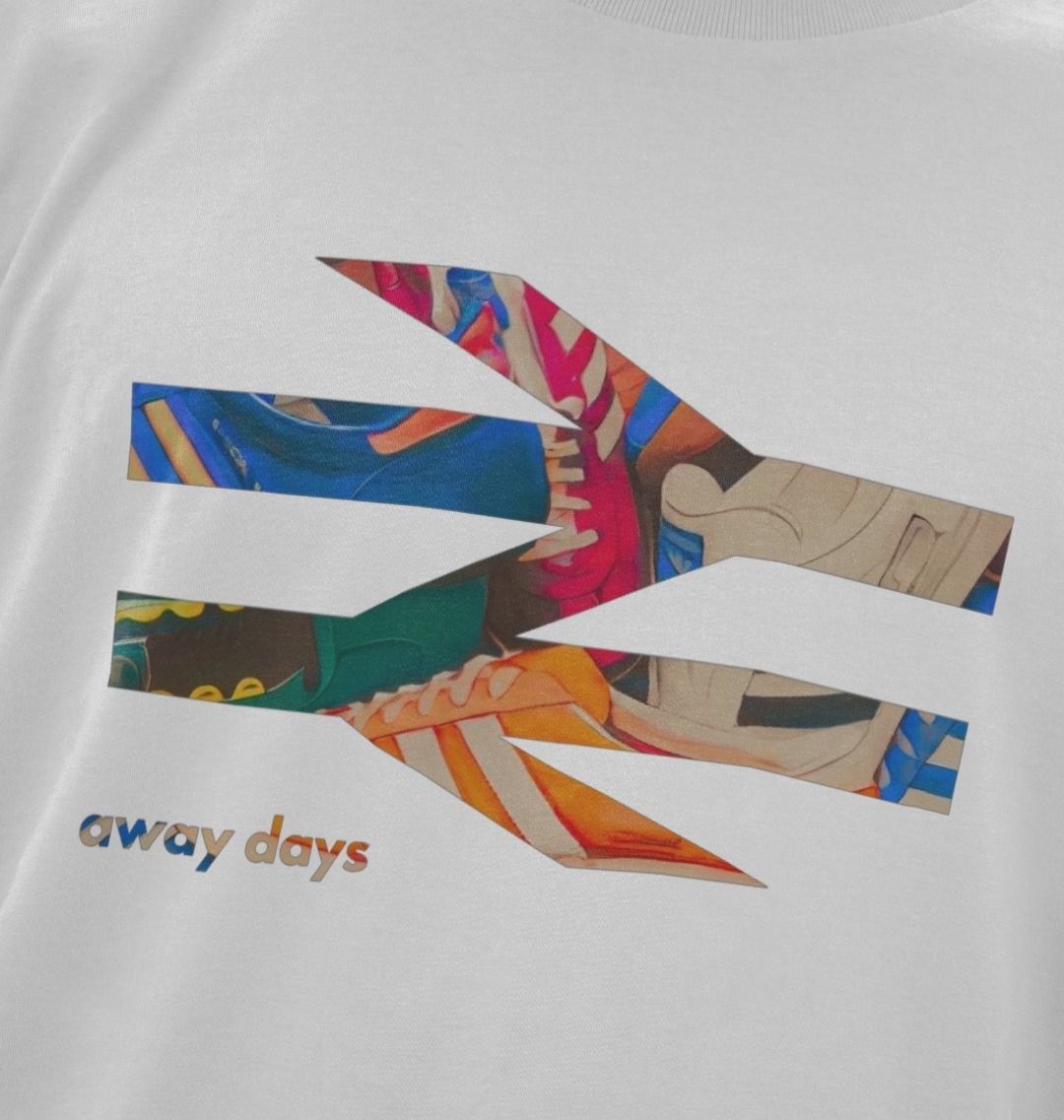 Terrace Awaydays white t-shirt featuring retro trainers graphic, available at Under the Scene.