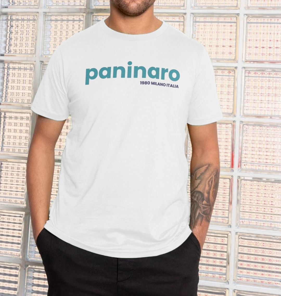 White Paninaro 1980 Milano Italia t-shirt with bold blue logo, inspired by 80s Milan streetwear and football terrace culture.