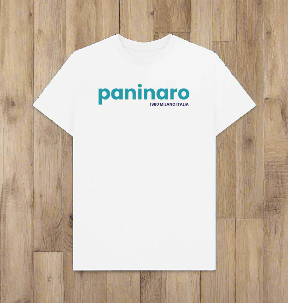 White Paninaro 1980 Milano Italia t-shirt with bold blue logo, inspired by 80s Milan streetwear and football terrace culture