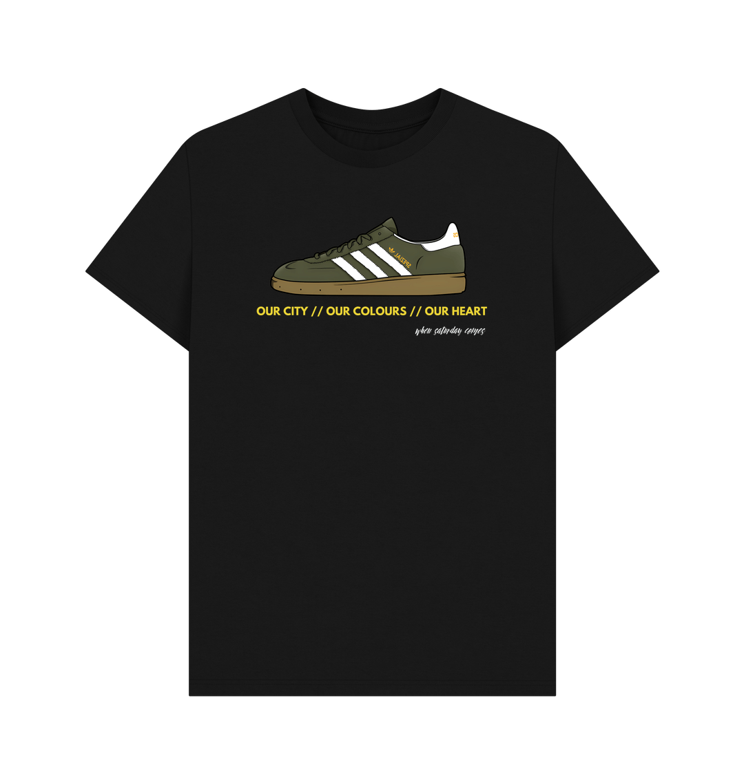 Our City Our Colours green t-shirt featuring a classic trainers graphic, celebrating football culture.