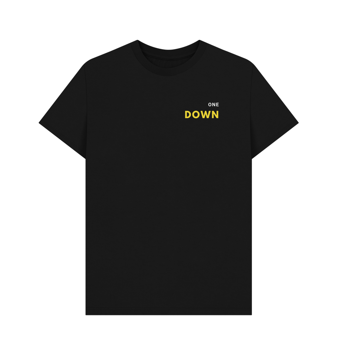 One Down black t-shirt featuring subtle yellow lettering on the front, perfect for minimalist streetwear.