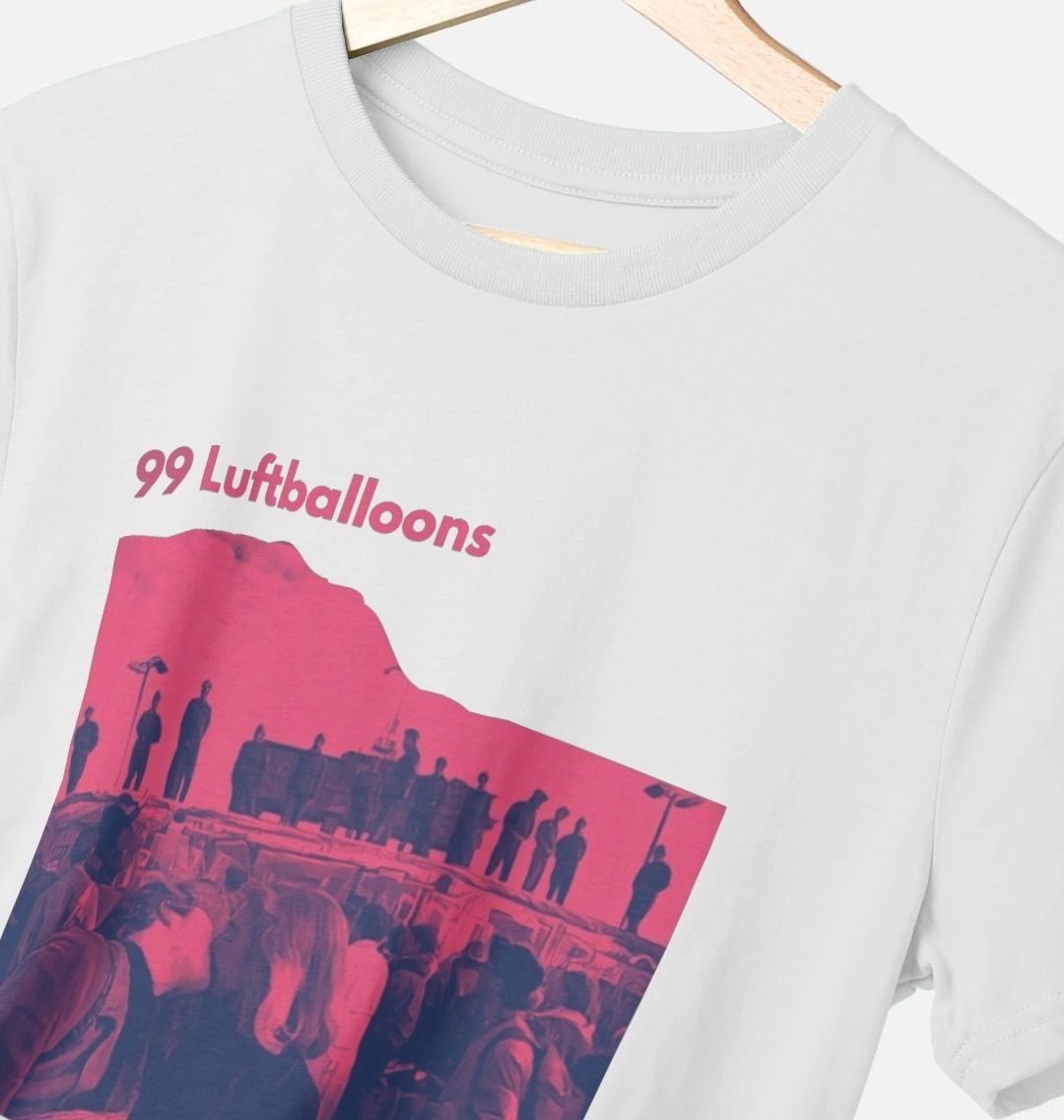 99 Luftballoons Berlin 1983 white t-shirt with bold graphic print, inspired by the 80s protest anthem.