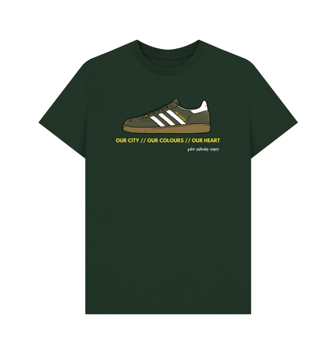 Our City Our Colours green t-shirt featuring a classic trainers graphic, celebrating football culture.