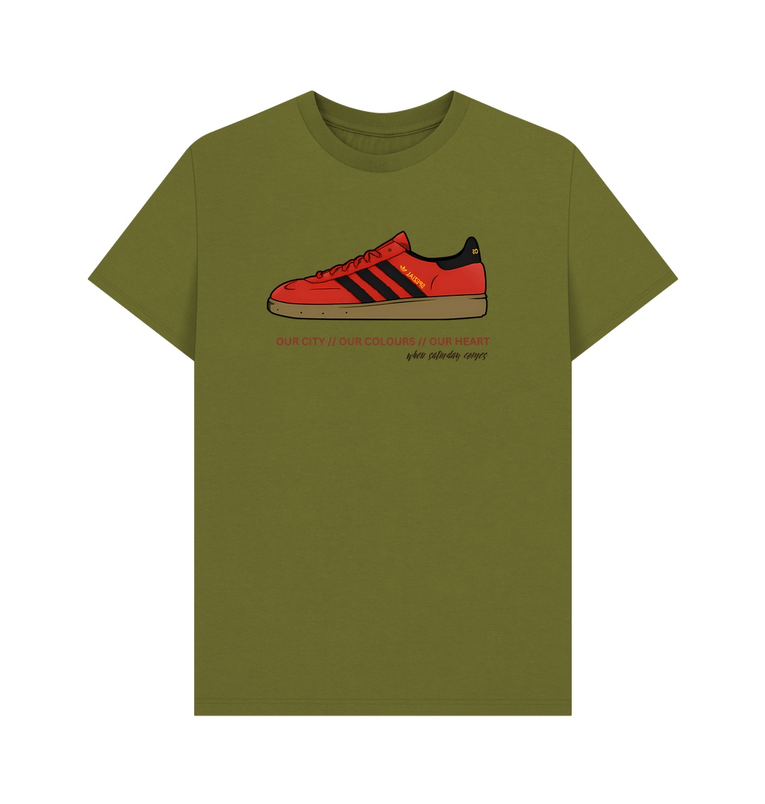 Our City Our Colours green t-shirt featuring a vibrant graphic of classic trainers.