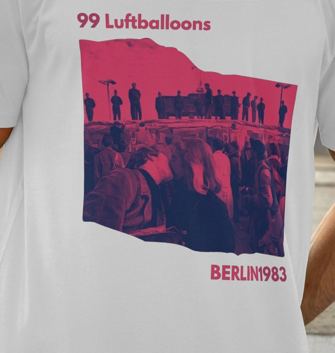 99 Luftballoons Berlin 1983 white t-shirt with bold graphic print, inspired by the 80s protest anthem.